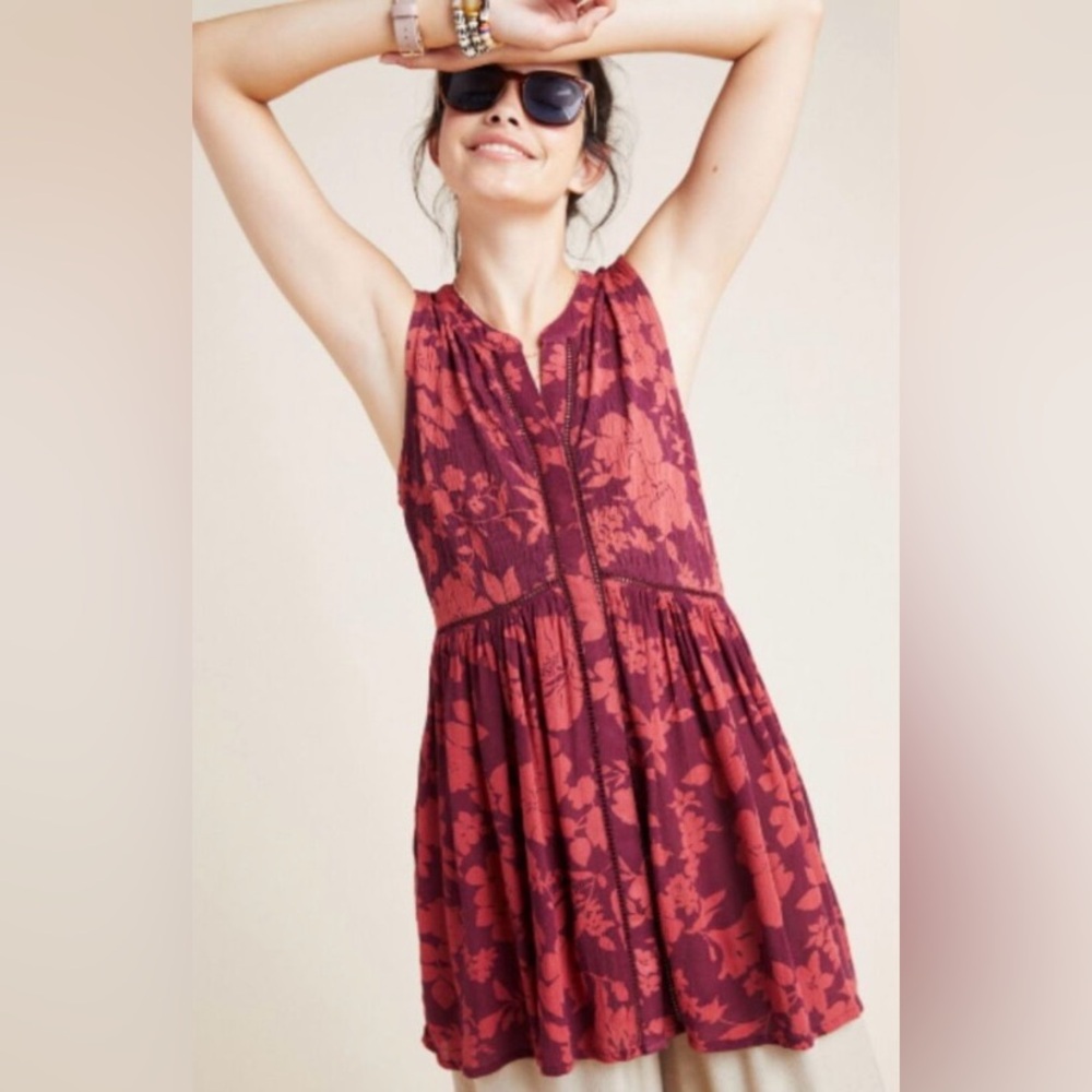 Anthropologie Nia Tunic Top in Wine Floral Button Front Sleeveless Size L Boho